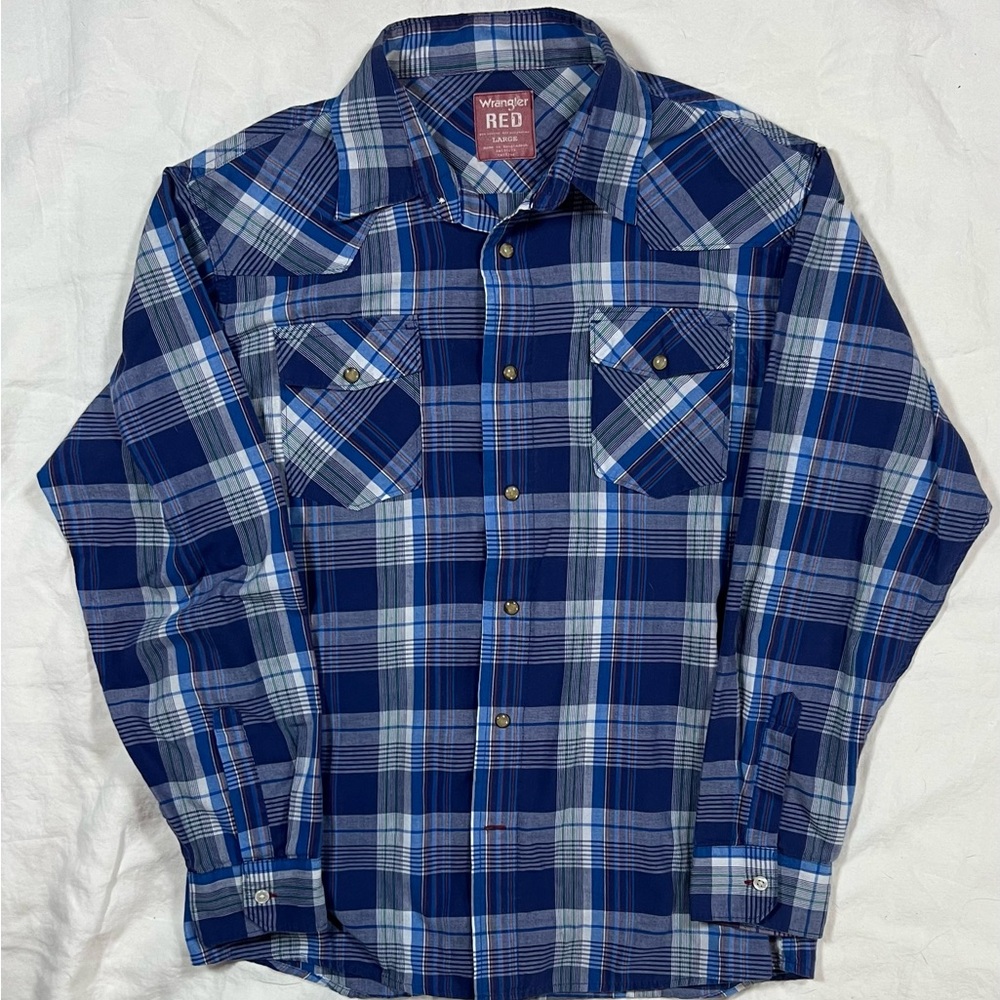 Wrangler RED Plaid Western Snap Shirt Blue White Men’s Large
